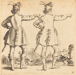 後ろから見た帽子に羽をつけた将校、1617年と1621年。 作： Jacques Callot