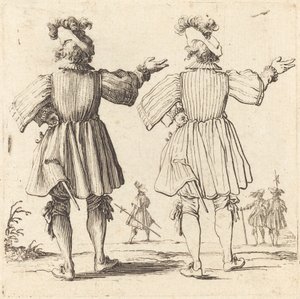 1617年と1621年、後ろから見たプルームを持つ将校。 作： Jacques Callot