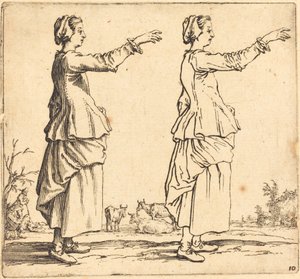 農民の女性、横顔、右向き、腕を伸ばして、1617年と1621年。 作： Jacques Callot