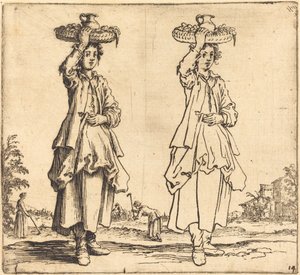 農民, 女, ∥で∥, バスケット, 上に, 頭, 正面図 作： Jacques Callot