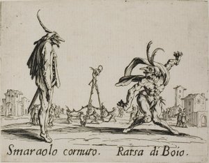 角のあるスマラオロ - 処刑人のラツァ、Balli di Sfessania のプレート 4 作： Jacques Callot