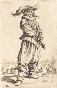 羽のついた帽子をかぶった兵士、c。 16201623。 作： Jacques Callot