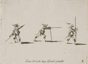 マスケット銃で発砲位置を取り、「軍事演習」のプレート 8 作： Jacques Callot