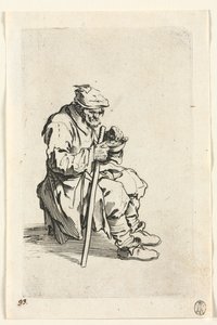 乞食：座り、食べること、乞食c。 1623年。 作： Jacques Callot