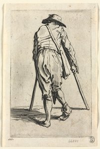乞食：松葉杖の乞食、帽子をかぶってc。 1623年。 作： Jacques Callot