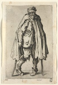乞食：松葉杖で袋を持った乞食、c。 1623年。 作： Jacques Callot