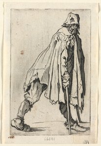 乞食: 松葉杖をついて帽子をかぶった乞食 作： Jacques Callot