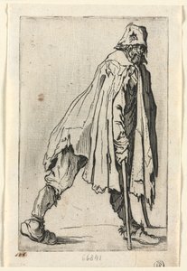 乞食：松葉杖の乞食、帽子をかぶってc。 1623年。 作： Jacques Callot