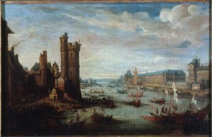 ポン＝ヌフから見たトゥール・ド・ネスル、グランド・ギャラリーとルーヴル、1630年頃、1625年から1635年の間（油彩・カンヴァス） 作： Jacques Callot