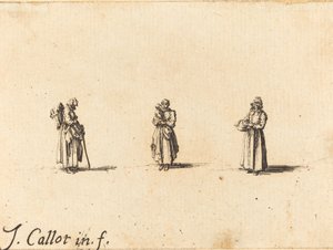 3 人の女性、1 人が子供を抱いている、おそらく 1634 年。 作： Jacques Callot