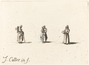 3 人の女性、1 人が子供を抱いている、おそらく 1634 年。 作： Jacques Callot