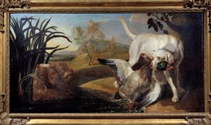 マガモをくわえたブラック犬 ジャック・シャルル・ウードリ（1720-1778）の絵画 18世紀 パリ 装飾美術 作： Jacques Charles Oudry