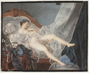 大きなカーテンの間のカナッペに仰向けに横たわる裸の女の子 作： Jacques Charlier