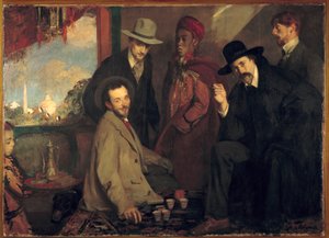 1900年万博のカフェ・モーレでのアンドレ・ギドとその友人たち（ユージン・ルアール、シャルル・シャンヴァン、アスマン・ベン・サラ、アンリ・ゲオン） ジャック・エミール（Jacques-Emile）・ブランシュ（1861-1942）の絵画 1900年 日。1,56x2,2 m ルーアン、ミュゼ・デ・ボザール 作： Jacques Emile Blanche