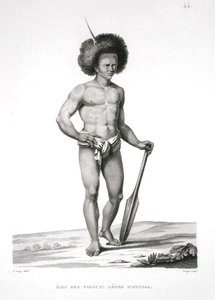 パプア諸島。ルイ・クロード・ドゥソールセス・ド・フレシネ（1779-1842）の「世界旅行（1817-20年）」よりハンセン病患者、フォルジェの彫刻、1822-24年に出版（リトグラフ）。 作： Jacques Etienne Victor (after) Arago