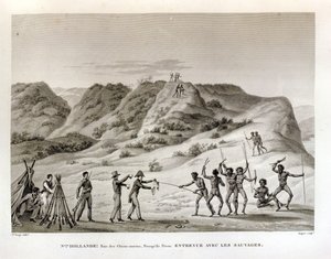 ニューホランドのペロン半島のシャークベイ：先住民との出会い、1825年に出版されたDupareによって刻まれた「航海Autour du Monde sur les Corvettes de L&39;Uranie 1817-20」より1825年