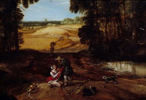 待ち伏せ。森の中で何人かの強盗が女性を犯すことを説いている。ジャック・フキエレス（1580-1659）の絵 作： Jacques Fouquieres