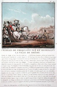 ブレムの町を解放した際に殺されたシャルル・ド・クレキ（1575年頃～1637年）、ジャン・バティスト・モルレ（1790年頃～1820年）の彫刻作品 作： Jacques Francois Joseph (after) Swebach