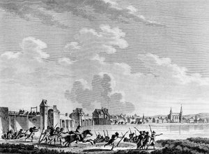 フランス革命。1793年7月13日のDeroute de Passy（Pacy sur EureまたはPacy-sur-Eure）。スウェバックの後にベルソーが描いたエングレーヴィング。パリ、革命史研究所の図書館