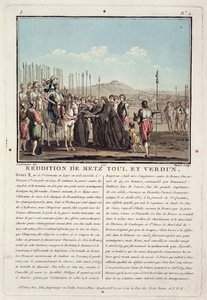 アンリ2世（1519-59）は、メッツ、トゥール、ヴェルダン（1552）の鍵を受け取り、ジャンバプティストモレット（fl.1790-1820）、1790（色付きのリソ）を彫刻しました