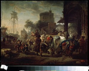 ホースフェア（馬のフェア）。 Jacques-Francois (Jacques Francois) Joseph Swebach (1769-1823) による絵画。 キャンバスに油彩、24 x 42 cm 作： Jacques Francois Joseph Swebach