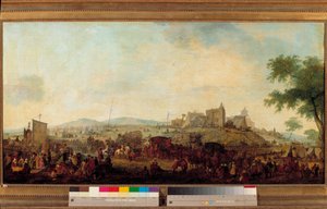 1788年8月5日から9月25日まで、サン・オメルの近くにコンデ公の指揮下で設置された軍事演習場の眺め この人はルイ5世ジョセフ・ド・ブルボン・コンデ（1736-1818）。ジャック・フランソワ・ジョセフ・スウェバック（1769-1823）による絵画 1788年 ス 作： Jacques Francois Joseph Swebach