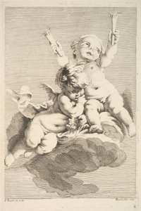 2 つのキューピッド、1 つの保持トーチ、18 世紀半ばから後半。 作： Jacques Gabriel Huquier