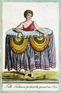 王に贈り物をする若い女性（タヒチ、ソサエティ諸島） ジャック・グラッセ・ド・サン＝ソーヴル（1757-1810）の『航海の百科事典』に掲載された版画 作： Jacques Grasset de Saint Sauveur