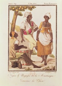 マルティニーク島のダンス「ラ チカ」の黒人男性と女性、1805 年にラチュアセによって彫刻