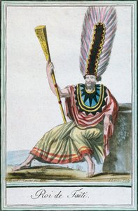 ソサエティ諸島タヒチ島の王様、ジャック・グラッセ・ド・サンソーヴル（1757-1810）の『航海百科事典』に掲載されたラブローズ（1796年活躍）の絵をもとにしたカラー・エングレーヴィング。 作： Jacques Grasset de Saint Sauveur