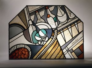 カクテルバーを描いたアールデコ調のステンドグラス（有鉛ステンドグラス） 作： Jacques Gruber