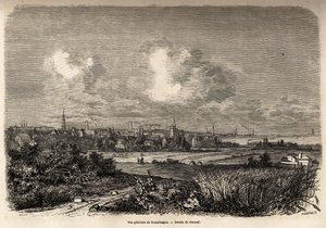 1860年、J.M.Dargaudのデンマークへの旅（1800-1860年）を説明するためにJacques Guiaud（1810-1876年）が描いたコペンハーゲンの全景。エドゥアール・シャルトン編『Le tour du monde』に掲載された図版