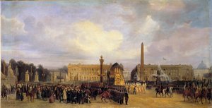 ナポレオン1世（1769-1821）の遺灰がパリに戻ってくる1840年12月15日：コンコルド広場を横切る行列 ジャック・ギオー（1811-1876）による絵画 1841年 日。1,05x2,17 m. 作： Jacques Guiaud