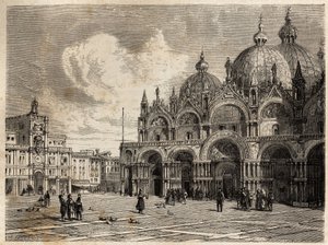 広場とサン・マルコ（サン・マルコ）教会、ジャック・ギオー（1810-1876）がアダルベルト・デ・ボーモンのヴェネツィア旅行を説明するために描いたもので、1850年頃のもの。エドゥアール・シャルトン編『Le tour du monde』に掲載されているエングレーヴィング 作： Jacques Guiaud