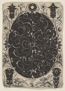 小さいモチーフに囲まれた 2 つのバリエーションの Schweifwerk で飾られたオーバル ケース..., ca. 1614-19。 作： Jacques Hurtu