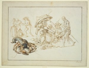 ロブスターと二人の魔女、1602年頃（紙にペン・水彩）