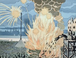 パリのグレーブ広場にあるたき火に投げ込まれた猫は、夏至の夜、アベルエルマン（1862-1950）による「ルボンロイアンリ」のイラスト、1900年頃（色の彫刻） 作： Jacques Marie Gaston Onfray de Breville (Job)