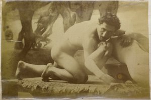 ジャック・ド・ラランのスタジオで、床に横たわってマネキンと格闘している男性の裸体モデルの研究、絵画レスラーの予備研究の可能性 作： Jacques Lalaing (attributed to)