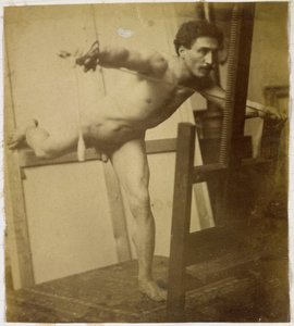 Jacques de Lalaing のスタジオでの裸の男性モデルの研究、右脚を後ろに傾けて前かがみになっている 作： Jacques Lalaing (attributed to)