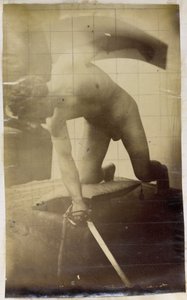 ジャック・ド・ラランのスタジオで、剣と盾を手にひざまずく裸の男性モデルの習作 作： Jacques Lalaing (attributed to)