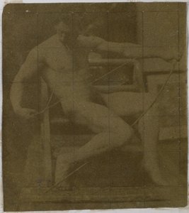 ジャック・ド・ラランのスタジオで、階段に座っている男性の裸体モデルの習作、膝の上にロープと弓を持って正面から見た 作： Jacques Lalaing (attributed to)