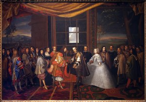30 年戦争: 「1659 年 7 月 11 日のパイザン島でのフランス国王ルイ 14 世 (1638-1715) とスペイン国王フェリペ 4 世 (1605-1665) のインタビュー」 ピレネー。 フィリップ4世の娘、マリー・テレーズ（マリー・テレーズ） 作： Jacques Laumosnier