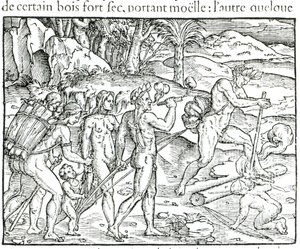 テオドール・ド・ブライ（1525-75）によって刻まれた狩猟後に火をつけるインド先住民 作： Jacques Le Moyne