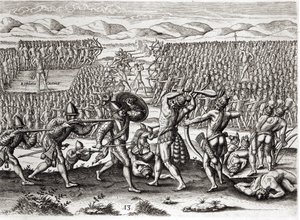 アウティナは、セオドア・ド・ブライ（1528-98）1591（223425と173458も参照）によって刻まれた「ブレビス・ナラティオ」から、フロリダ、フランス、1564の助けを借りてパタヌーを倒します。 作： Jacques Le Moyne