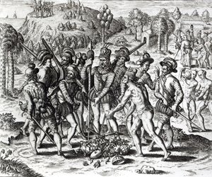 セオドア・ド・ブライ（1528-98）によって刻まれた「歴史」1598年からインディアンから贈り物を受け取ったスペイン人