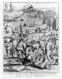 テオドール・ド・ブライ（1528-98）によって書かれ彫刻された「アメリカ」から彫刻を施した、インディアンが司祭や他の人々を攻撃して家に火をつけた 作： Jacques Le Moyne
