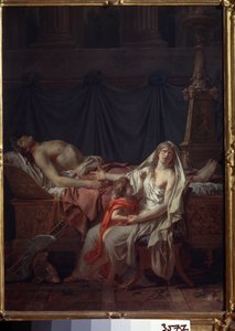 ""Andromache Mourning Hector"" (ヘクトールを悼むアンドロマケ)。 「夫ヘクトルの体に残るアンドロマケの苦痛と後悔」とも呼ばれる。 トロイア戦争中に殺されたヘクトールの死体の前にいるアンドロマクと息子のアステュアナクス。 ジャックによる絵画