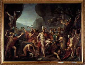 レオニダスとテルモピールの戦い 紀元前480年、ギリシャ軍とクセルクセス1世のペルシャ軍が戦ったテルモピールの戦いのエピソード スパルタ王レオニダス1世がヘラクレスの祭壇の近くの岩の上に腕を組んで座っており、後ろにはスパルタ軍の部隊がテルモピールに向かって進んでいる。 作： Jacques Louis David