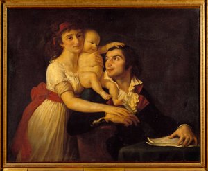 カミーユ・デムーラン（1760-1794）とその妻ルシエル（1771-1794）、息子ホレス・カミーユ（1792-1825）の肖像 ジャック・ルイ・ダヴィッド（1748-1825）の絵画 18世紀 日1x1,23 m. Versailles, Chateau Museum 作： Jacques Louis David