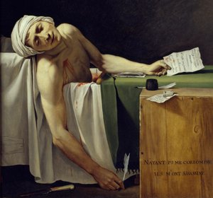 マラートの死（ジョン・ポール・マラート（1743-1793）の殺害）。詳細。ジャック・ルイ・ダヴィッド（1748 - 1825）による絵画。1793年日。1,62x1,3 m ルーヴル美術館 パリ